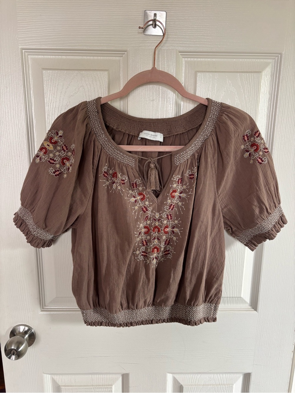 Lucky Brand Taupe Embroidered Peasant Blouse with Red & Cream Accents